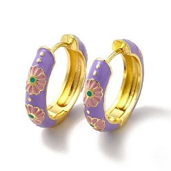 Medium Purple Daisy Flower Enamel Hoop Earrings, Real 18K Gold Plated Brass Jewelry for Women, Lead Free & Cadmium Free, Medium Purple, 19x4.5x19.5mm, Pin: 1mm