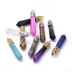 Mixed Stone Natural & Synthetic Mixed Stone Big Pointed Pendants, with Alloy Findings, Bullet, 57~63x13x10mm, Hole: 3x4mm