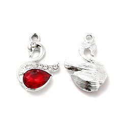 Roja Colgantes de cristal de aleación, colgante de cisne de diamantes de imitación de cristal, Platino, rojo, 23x15x5 mm, agujero: 2 mm