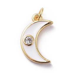 White Cubic Zirconia Charms, with Brass Findings and Enamel, Moon, Golden, White, 15x9x2mm, Hole: 1.8mm