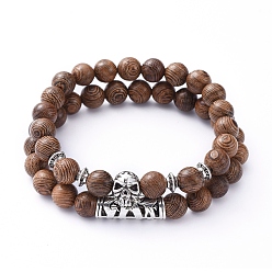 Coconut Brown Stretch Bracelets Sets, with Natural Wood Beads and Tibetan Style Alloy Beads, Skull & Tube, Coconut Brown, Inner Diameter: 2 inch(5.2cm), 2pcs/set