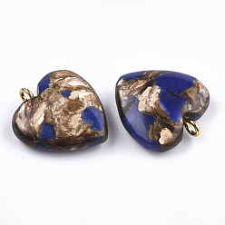 Lapis Lazuli Pendentifs assemblés en bronzite et lapis-lazuli, avec les accessoires en fer, cœur, or, 20~22x19~20x5~7mm, Trou: 2mm