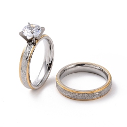 Oro & Acero Inoxidable Color 2 piezas 2 estilo 201 conjunto de anillos de pareja de ondas de acero inoxidable, anillos de diamantes de imitación de cristal para los amantes, acero color oro y acero, diámetro interior: 17 mm, 1 pc / estilo