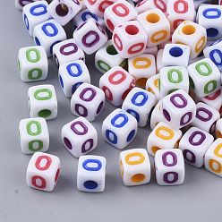 Letter O Perles acryliques opaques blanches, trou horizontal, cube avec lettre de couleur mixte, letter.o, 5x5x5mm, Trou: 2mm, environ5000 pcs / 500 g