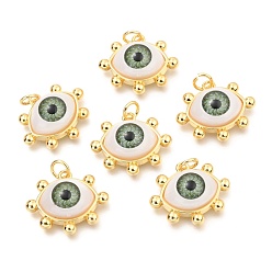 Olive Drab Brass Acrylic Pendants, Real 18K Gold Plated, Evil Eye, Olive Drab, 17x20x7mm, Hole: 3.4mm