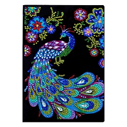 Peacock DIY Diamond Painting Notebook Kits, including PU Leather Book, Resin Rhinestones, Diamond Sticky Pen, Tray Plate and Glue Clay, Peacock Pattern, 210x150mm, 50 pages/book