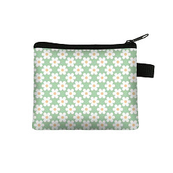 Pale Green Flower Pattern Cartoon Style Polyester Clutch Bags, Change Purse with Zipper & Key Ring, for Women, Rectangle, Pale Green, 13.5x11cm
