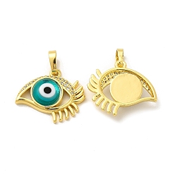Dark Turquoise Rack Plating Brass Micro Pave Clear Cubic Zirconia Pendants, with Handmade Evil Eye Lampwork, Cadmium Free & Lead Free, Long-Lasting Real 18K Gold Plated, Eye Charm, Dark Turquoise, 17x19.5x5mm, Hole: 6x3mm