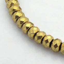 Golden Plated Electroplate Non-magnetic Synthetic Hematite Beads Strands, Faceted Rondelle, Golden Plated, 6x4mm, Hole: 1mm, about 102pcs/strand, 15.7 inch