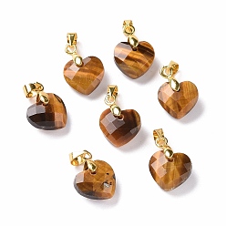 Tiger Eye Natural Tiger Eye Pendants, with Golden Tone Brass Clasp, Faceted Heart Charms, 11x12x5mm, Hole: 4.5x3.5mm