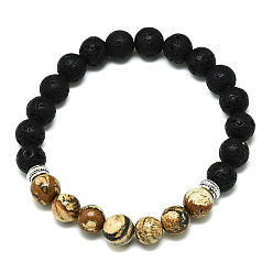 Picture Jasper Natural Picture Jasper Beads Stretch Bracelets, with Synthetic Lava Rock Beads and Alloy Beads, Round, Inner Diameter: 2-1/8 inch(5.5cm), Beads: 8.5mm