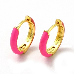 Deep Pink Classic Enamel Hoop Earrings, Real 18K Gold Plated Brass Jewelry for Women, Lead Free & Cadmium Free, Deep Pink, 12x2.5x13mm, Pin: 0.8mm