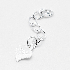 Silver 925 Sterling Silver Extender Chains, with Heart Charms, Silver, 39~41mm, Heart: 7x5x0.5mm
