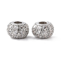 Platinum Eco-Friendly Brass Micro Pave Cubic Zirconia Beads, Cadmium Free & Lead Free, Round, Real Platinum Plated, 10x7mm, Hole: 3.5mm