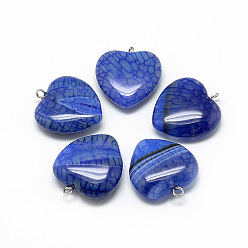 Royal Blue Natural Brazilian Agate Pendants, Dyed & Heated, with Iron Findings, Heart, Platinum, Royal Blue, 22x20x6mm, Hole: 1.5mm