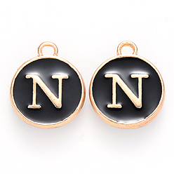 Letter N Golden Plated Alloy Charms, with Enamel, Enamelled Sequins, Flat Round, Black, Letter.N, 14x12x2mm, Hole: 1.5mm, 50pcs/Box