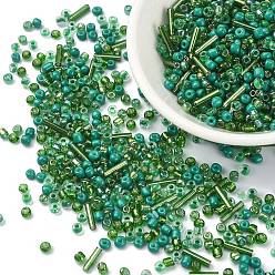 Green Opaque & Transparent Inside Colours Glass Seed Beads, Round Hole, Round & Tube, Green, 2~3x1.5~9mm, Hole: 0.8~1mm
