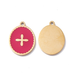 Cerise Ion Plating(IP) 304 Stainless Steel Pendants, with Enamel, Real 24K Gold Plated, Oval with Cross, Cerise, 13.5x10x1mm, Hole: 1mm