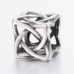 Antique Silver 304 Stainless Steel Beads, Large Hole Beads, Hollow Cube, Antique Silver, 9x9x8mm, Hole: 6mm