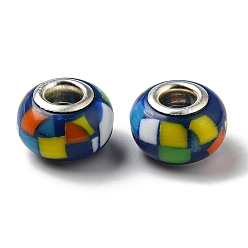 Blue Bohemian Style Resin European Beads, Large Hole Beads, Rondelle, Platinum Color Core, Blue, 14x9.5mm, Hole: 4.8mm