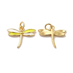 Yellow Rack Plating Brass Enamel Pendants, with Jump Rings, Long-Lasting Plated, Lead Free & Cadmium Free, Real 18K Gold Plated, Dragonfly Charm, Yellow, 12x15x1.5mm, Hole: 2.5mm