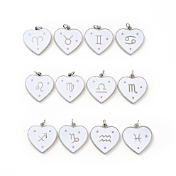 Constellation 304 Stainless Steel Pendants, with Jump Rings and Enamel, Heart, Stainless Steel Color, 12 Constellations, 15x15x1.5mm, Hole: 2.8mm
