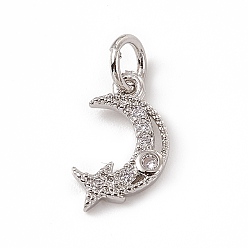 Platinum Brass Micro Pave Cubic Zirconia Charms, with Jump Ring, Moon & Star Charm, Platinum, 13x8x1mm, Hole: 3mm