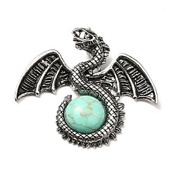 Synthetic Turquoise Synthetic Turquoise Dyed Big Pendants, Dragon Charms, with Rack Plating Antique Silver Tone Alloy Findings, Cadmium Free & Lead Free, 49x56x12mm, Hole: 6~6.5mm