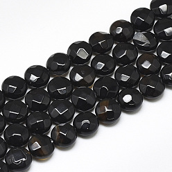 Black Onyx Brins de perles d'onyx noir naturel, facette, plat rond, 8~8.5x4.5~5mm, Trou: 1mm, Environ 25 pcs/chapelet, 7.8 pouce