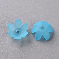 Deep Sky Blue Frosted Acrylic Bead Caps, 6-Petal, Flower, Deep Sky Blue, 14x6mm, Hole: 2mm, about 1660pcs/500g