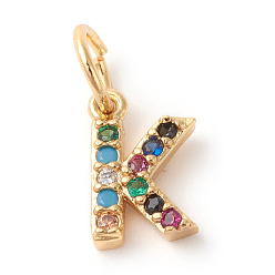 Letter K Brass Micro Pave Colorful Cubic Zirconia Charms, Golden, Letter.K, 9x5.5x2mm, Hole: 3mm