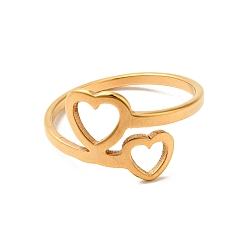 Golden Ion Plating(IP) 201 Stainless Steel Double Heart Finger Ring for Valentine's Day, Golden, US Size 6 1/2(16.9mm)