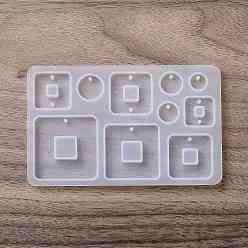 Square DIY Pendant Silicone Molds, Resin Casting Molds, for UV Resin, Epoxy Resin Jewelry Making, Square & Flat Round, 68x111x6mm, Hole: 1.6mm, Inner Diameter: 9~35.5x9~35.5mm