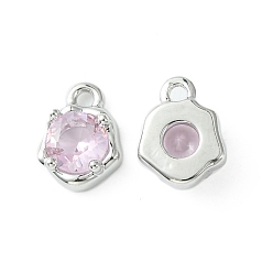 Pink Brass Micro Pave Cubic Zirconia Charms, Irregular Shape Charm, Real Platinum Plated, Pink, 9x7x3mm, Hole: 1.4mm