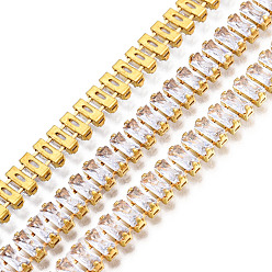 Clear Rectangle Cubic Zirconia Strass Chains, Gold Plated Brass Link Chains, Soldered, with Spool, Clear, 6mm, about 16.40 Feet(5m)/Roll