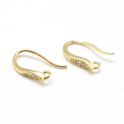Real 18K Gold Plated Brass Micro Pave Cubic Zirconia Earring Hooks, with Horizontal Loop, Lead Free & Nickel Free & Cadmium Free, Real 18K Gold Plated, 13x8x2mm, Hole: 1mm, 18 Gauge, Pin: 1mm