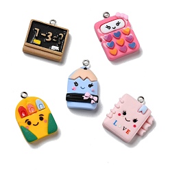 Mixed Color Opaque Resin Pendants, with Platinum Tone Iron Loops, Study Supplies, Notebook & Blackboard & Pencil & Pen Bag & Calculator, Mixed Color, 23.5~28x17~23x6~9.5mm, Hole: 2mm