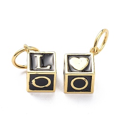 Black Brass Enamel Pendants, with Jump Ring, Long-Lasting Plated, Cube with Word LOVE, Real 18K Gold Plated, Black, 18x13x10mm, Jump Ring: 10x1mm, 7.5mm Inner Diameter