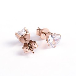 Rose Gold Heart 304 Stainless Steel Cubic Zirconia Stud Earrings, Rose Gold, 4x4mm, Pin: 0.9mm