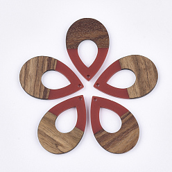Red Resin & Walnut Wood Pendants, Teardrop, Red, 38x25.5x3mm, Hole: 2mm