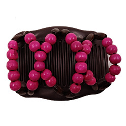 Rose Foncé Fabricant de pain de cheveux en plastique, peigne double élastique, avec des perles en bois  , rose foncé, 80x105mm