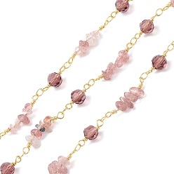 Golden Brass Link Chains, with Glass & Strawberry Quartz Beads & Spool, Unwelded, Golden, 6x5mm