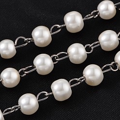 Creamy White Handmade Glass Pearl Beaded Chains for Necklaces Bracelets Making, with Gunmetal Tone Brass Eye Pin, Unwelded, Creamy White, 39.3 inch, about 90pcs/strand