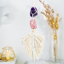 Amethyst Cotton Macrame Pouch Feather Shape Pendant Decorations, with Natural Amethyst & Rose Quartz Nuggets, 400~450mm