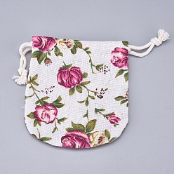 Fleur Sacs de rangement en toile de jute, bonbons gâterie sacs d'emballage de fête, avec cordon de serrage en polyester, motif de fleur, 11.5x11 cm