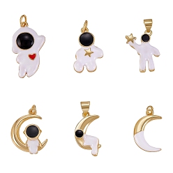 White 6Pcs 6 Style Eco-friendly Brass Enamel Pendants, Long-Lasting Plated, Real 18K Gold Plated, Cadmium Free & Lead Free, Astronaut, White, 18.5~24x11~14x2~3mm, Hole: 2.8~4mm,  1pc/style