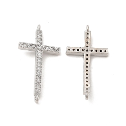 Platinum Brass Micro Pave Clear Cubic Zirconia Connector Charms, Religion Cross Links, Platinum, 31x16x3.5mm, Hole: 1.2mm