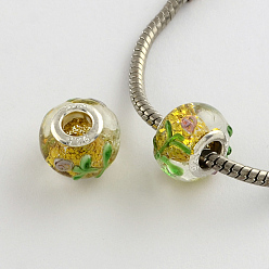 Goldenrod Rondelle Lampwork Large Hole European Beads, with Silver Tone Brass Cores, Goldenrod, 14~15x10~11mm, Hole: 5mm
