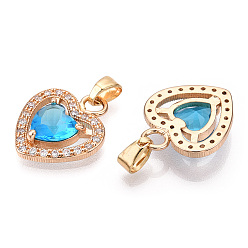 Deep Sky Blue Faceted Glass Charms, with Brass Micro Clear Cubic Zirconia Findings, Heart, Light Gold, Deep Sky Blue, 17x14x4mm, Hole: 4.5x2.5mm