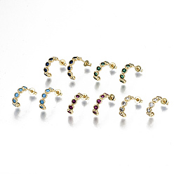 Mixed Color Brass Micro Pave Cubic Zirconia Stud Earrings, Half Hoop Earrings, with Ear Nuts, Nickel Free, Real 18K Gold Plated, Flat Round, Mixed Color, 14.5x4mm, Pin: 0.8mm